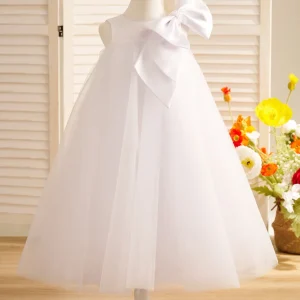 Robe de Demoiselle D'Honneur en Tulle à Gros Nœud, Coupe Trapèze, Longueur Thé, pour Petite Fille