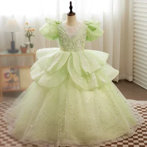Robe de Soirée à Manches Courtes Bouffantes pour Fille, Longueur Au Sol, avec Appliques en Cristal