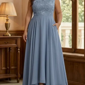 Robe Mère de la Mariée, Grande Taille, Ligne A/Princesse, Col Rond, Sans Manches, Longueur au Sol, Mousseline, Dentelle