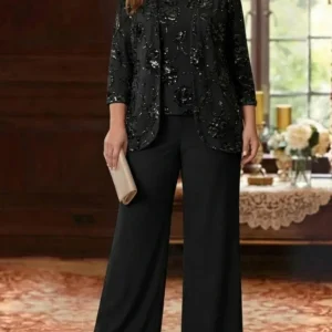 Robe mère de la mariée, Taille Plus, Ensemble Pantalon, Col Rond, Mousseline, Manches 3/4, Longueur de la Cheville