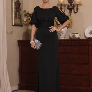 Robe Mère de la Mariée, Forme Fourreau/Colonne, Col Rond, Satin Élastique, Manches Courtes, Longueur du Sol, avec Perles