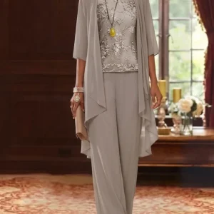 Robe mère de la mariée, Costume-Pantalon, Col Rond, Mousseline, Manches 3/4, Longueur de la Cheville, Dentelle