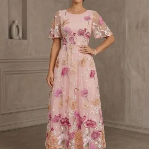 Robe Mère de la Mariée, Ligne A/Princesse, Broderie en Dentelle, Col Rond, Manches Courtes, Longueur de la Cheville, Florale