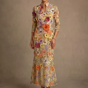Robe Mère de la Mariée, Broderie en Dentelle, Gaine/Colonne, Col en V, Manches 3/4, Longueur du Thé, Florale