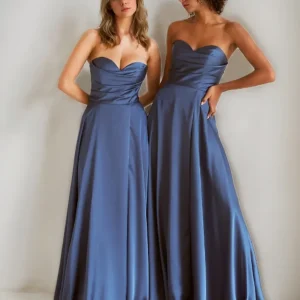 Robe de Demoiselle d'Honneur, Ligne A/Princesse, Satin, Col Cœur, Longueur au Sol, Sans Manches, Froncée et Plissée