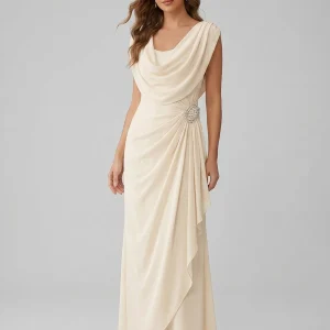 Robe de Cocktail Ligne A/Princesse en Mousseline à Col Drapé Longueur de la Cheville Manches Courtes avec Broche à Volants