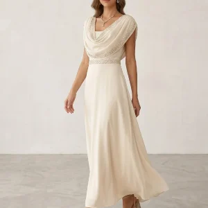 Robe de Cocktail Ligne A/Princesse en Mousseline à Col Drapé Longueur de la Cheville Manches Courtes avec Ceinture Strassée